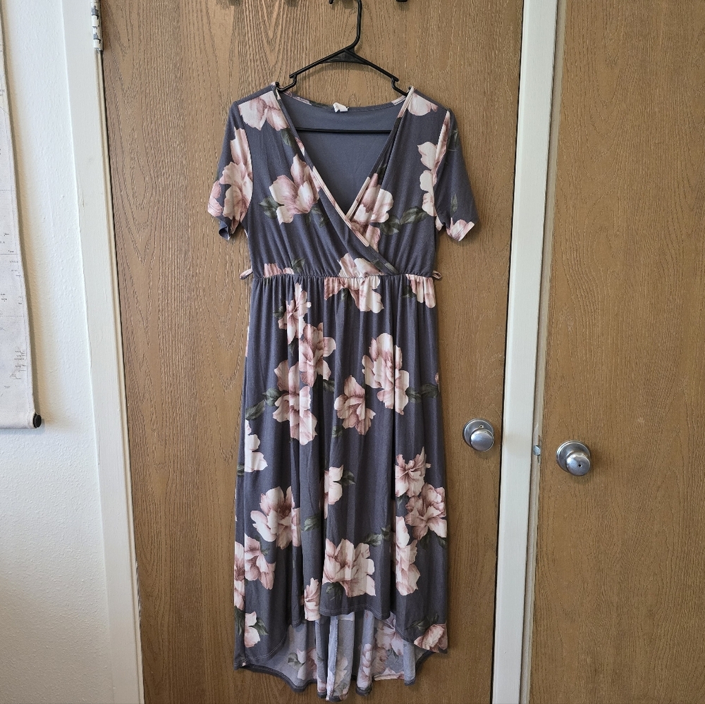 Pinkblush Grey And Pink Floral High-low Maternity Dress